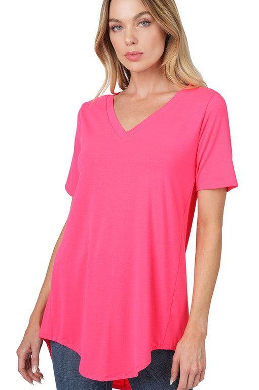 Hot Pink V-Neck Basic Tee