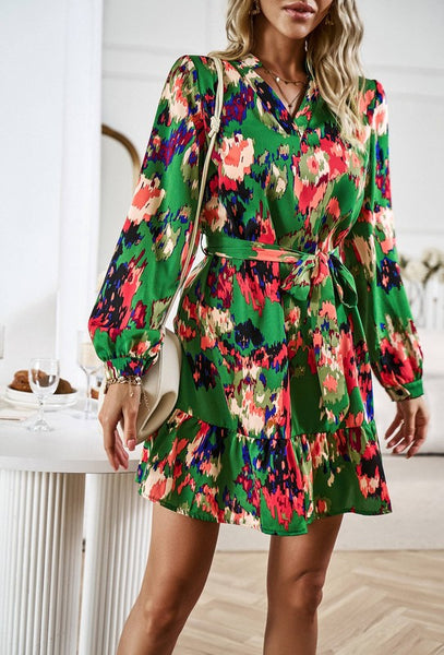 V-Neck Green Multi Dress